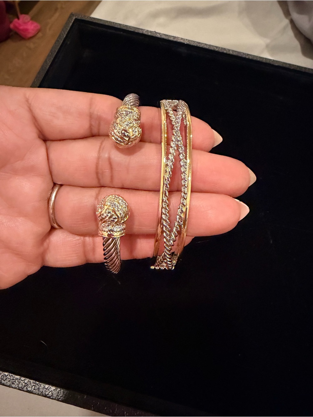 Gold and Rose-Tone Crystal Bangle and Cable Cuff Bracelet Set